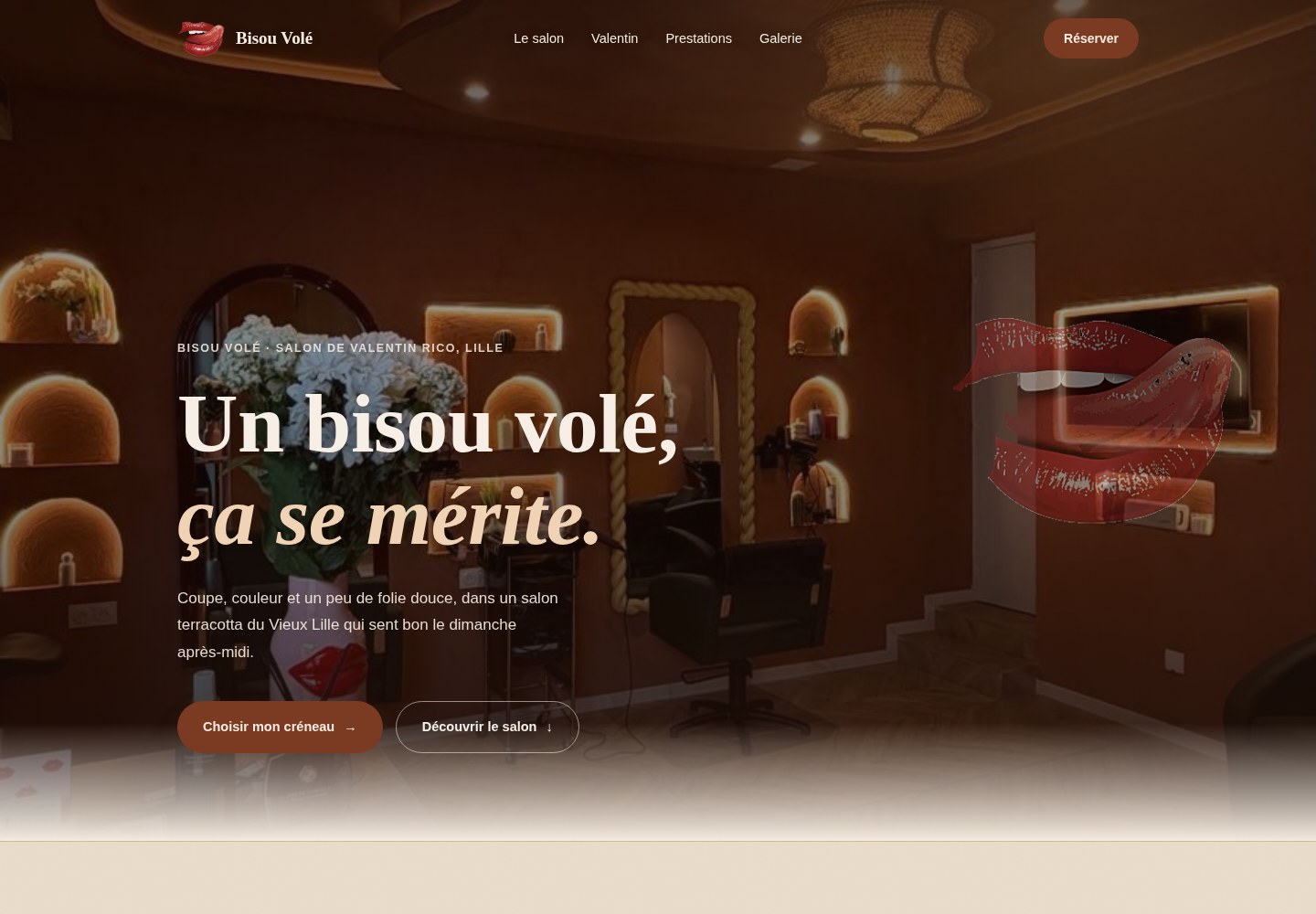 Page d'accueil du site Bisou Volé, salon de coiffure du Vieux Lille à Lille